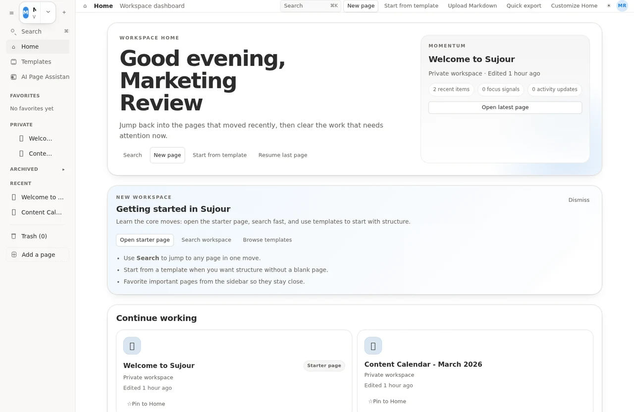 Sujour workspace home dashboard showing recent pages and shared planning