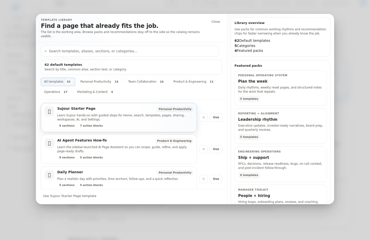 Sujour template library for repeatable planning and shared workflows